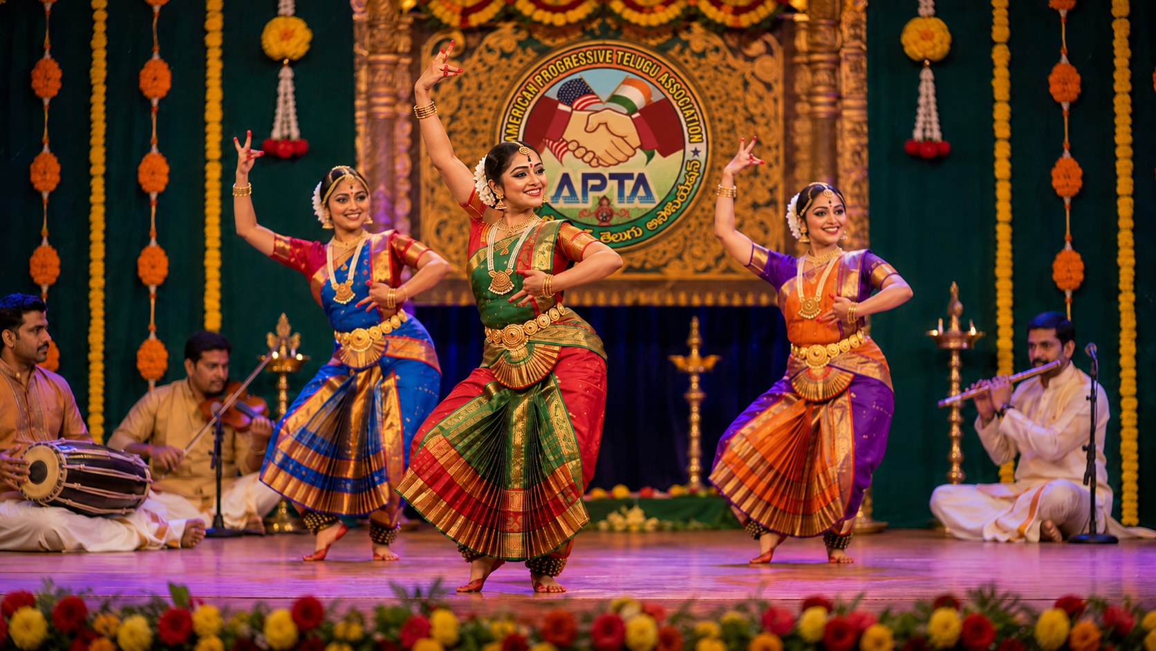 Telugu cultural dance and music performance at an APTA celebration